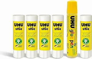 UHU Glue Stick Solvent Free21gm 5pcs + Glue Pen 50ml, The Glues fast, strong and durable, highly efficient and cold washable