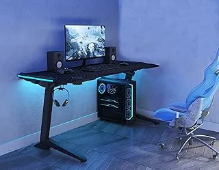 Ergonomic Gaming Desk with RGB Led Light, Height Adjustable Gaming Table, Carbon Fiber PVC, Desk for Office, Gamers, Home - Black