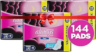 Always Breathable Soft Maxi Thick, Night Sanitary Pads With Wings, 144 Pads