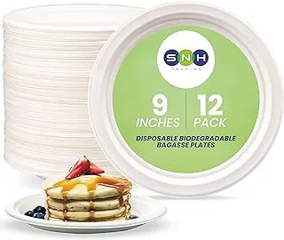 ECO Friendly Bagasse Biodegradable Plate 9 inch Disposable, Made From 100% Sugarcane Plates, Natural Alternative to Paper Plate, Everyday Tableware, Heavy Duty Microwaveable - 12 Pieces.