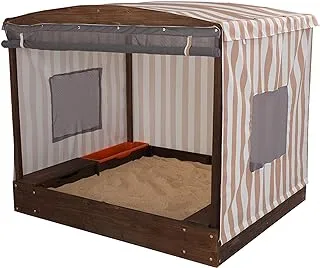 Kidkraft 00504 Wooden And Canvas Outdoor Cabana Sandbox, Kids Backyard Furniture With Three Storage Bins, Beige & White Stripes, Gift For Ages 2-8