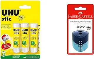 Uhu Solvent Free Glue Stick 8.2 جرام 3 قطع ، شفاف ، عصا الغراء المثبتة - الغراء بقوة ، بسرعة وبشكل دائم ، بدون مذيب ، 041275 ومبراة التمزق تريند بفتحة مزدوجة ، متنوع