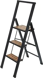 WENKO, 3 Step Folding Step Ladder, Aluminium, Heavy Duty Portable, Non-Slip Extra Wide Rubber Steps, 44x127x5.5 cm, Black