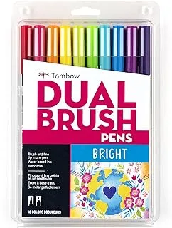 Tombow 56185 Dual Brush Pen Art Markers, Bright, 10-Pack. Blendable, Brush and Fine Tip Markers