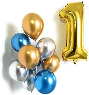 PARTY TIME - 10 Pieces Set - Number 1 Gold Foil Balloon - 16 Inch | 9 Chrome Latex Balloons 12