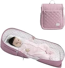 Sunveno Portable Baby Bed & Bag Foldable Crib Bassinet Backpack Travel Bed Backpack Bed Baby Essentials Cotton Mattress Newborn 0-12 Months Sea Pink