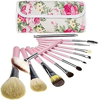 COOLBABY 12-Piece Professional Makeup Brush Set With Flower Design Bag Pink/Black