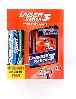 Laser Reflex 3 Three Blade Disposable Shaving Razor-Rubber Grip Handle-Flexi Neck-Strip with aloe & vitamin E-Ultra Smooth Shave 4 Pieces + Sport Foam 200ML