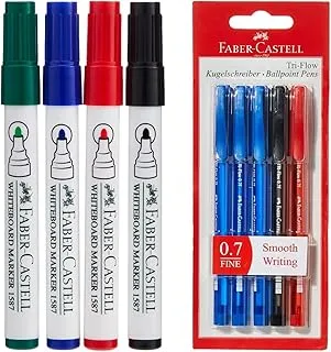 Faber Castell Whiteboard Marker Bullet Set Of 4 Pc + Duster، Assorted، 1587D & Faber-Castell Tri-Flow Pen 0.7mm نفطة من 5 قطع متنوعة (3 أزرق + 1 أسود + 1 أحمر)