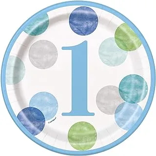 Unique Party 73304 18cm Blue Dots 1st Birthday Paper Plates, Pack of 8