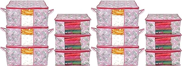 Fun Homes Metalic Leafy Print 6 Piece Non Woven Saree Cover And 6 Pieces Underbed Storage Bag, Storage Organiser, Blanket Cover (Pink)-FUHHNH16695