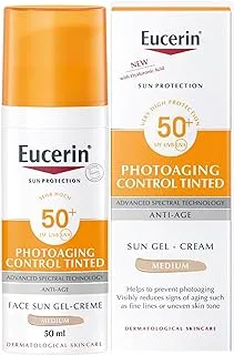 Eucerin Face Sunscreen Photoaging Control Tinted Anti-Age Sun Gel-Cream, High UVA/UVB Protection, SPF 50+, Reduces Appearance of Wrinkles, Suitable as Make-Up Base, for All Skin Types, 50ml