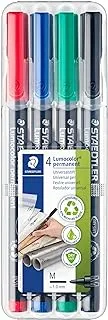 Staedtler Lumocolor Universal Pen, Medium, Felt Tip, Permanent Marker, Box Of 4 Assorted Color Pens, 1.0Mm 317 Wp4 (Pack Of 4)