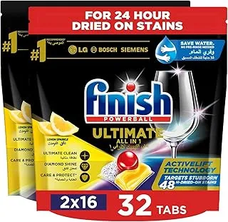 Finish Powerball Ultimate All in 1 Lemon Sparkle Dishwasher Tablets For Clean and Shine, 32 Tabs (16 Tabs, Pack of 2)