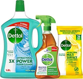 Dettol Original Anti-Bacterial Surface Disinfectant Liquid Trigger 500ml + Dettol Aqua Antibacterial Power Floor Cleaner 1.8L + Dettol Lemon Antibacterial Multi Surface Cleaning Wipes, Pack Of 36