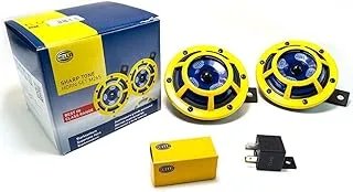 Hella H31000001 Sharptone 12V High Tone / Low Tone Twin Horn Kit With Yellow Protective Grill, Includes Relay, 2 Horns,Yellow/Set