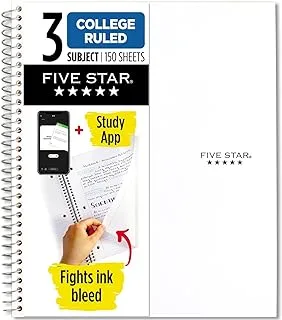 Five Star Spiral Notebook, 3-Subject, College Ruled Paper, 27.9 cm X 21.6 cm, 150 Sheets, White (72464)