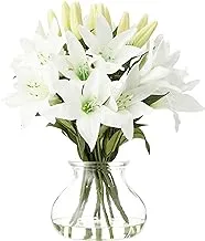 Nearly Natural 1434 Lily Silk Arrangement with Glass Vase,White,17.25'' x 7'' x 7''