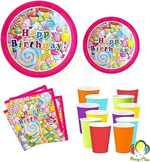 PARTY TIME - Happy Birthday Pink Balloon and Candies Design Set مكون من 48 قطعة أدوات مائدة للحفلات للاستحمام للأطفال أواني مائدة للاستعمال مرة واحدة ، وأكواب وأكواب للحفلات والمناسبات المختلفة ، ومستلزمات أعياد الميلاد