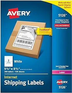 ملصقات عنوان الشحن من Avery 5126 ، طابعات ليزر ، 200 ملصق ، نصف ورقة ، لاصق دائم ، Trueblock ، أبيض