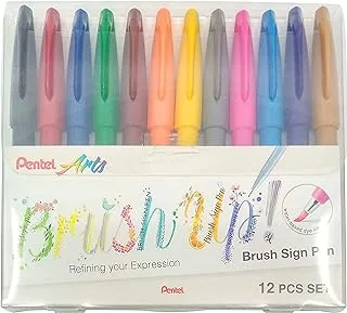 Pentel Calligraphy Brush Sign Pen 12-Pieces, Multicolor