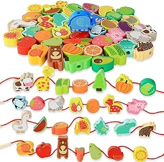 BM TOYS BMTOYS Wooden Farm Animal Fruit Vegetable String Lacing Beads for Toddlers Preschool Kids Boy Girl