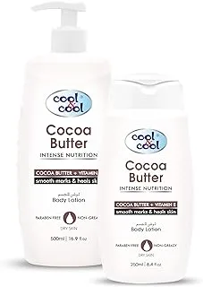 Cool & Cool Cocoa Butter Body Lotion 500ML +250ML- Moisturizing Formula with Cocoa Butter & Vitamin E, Non-Greasy & Paraben-Free, Smooths Marks and Heals Skin 750ML