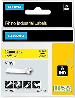 DYMO RHINO TAPE 12MMX5.5M YELLOW VINYL ، شريط لاصق فينيل لاصق وحيد القرن ، 3/8 بوصة ، شريط 18 قدم ، أسود