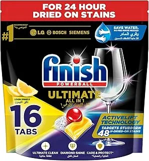 Finish Powerball Ultimate All in 1, Dishwasher Detergent Tablets for Ultimate Clean & Diamond Shine, Lemon Sparkle, 16 Tabs