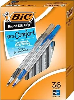 BIC Round Stic Grip Xtra Comfort Ball Pen, Medium Point (1.2 mm), Black and Blue Ink, 36-Count