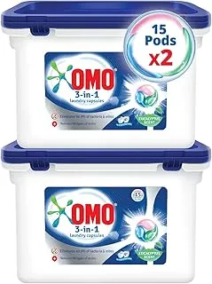 Omo 3-in-1 Laundry Capsules, Eucalyptus Stain Removal Detergent, 15 pods x 2 (Pack of 2)