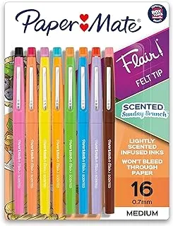 Paper Mate Flair ، أقلام فلوماستر معطرة ، روائح وألوان متنوعة لبرانش الأحد ، 0.7 ملم ، 16 قطعة