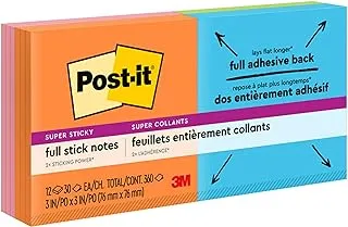 Post-it Super Sticky Full Stick Notes, 3x3 in, 16 Pads, 2x the Sticking Power, Energy Boost Collection, Bright Colors (Orange, Pink, Blue, Green), Recyclable (F330-16SSAU)