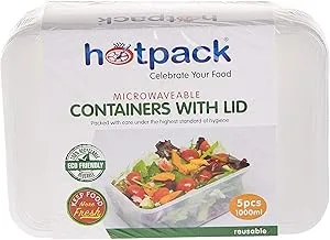 Hotpack Disposable Food Storage, Food Packaging, Rectangular Microwaveable Container 1000ml, 5 Pieces