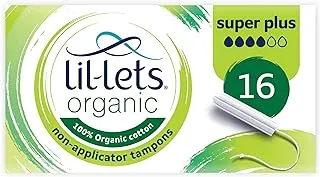 Lil-Lets Organic Super Plus Non-Applicator Tampons - 100% Organic Cotton - Superior Comfort -Fast Abosorption- Fragrance Free - Leaf Proof Protection - Skin Friendly - 16 Units