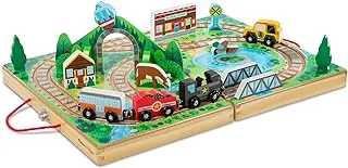 Melissa & Doug 17 Piece Wooden Take Along Tabletop Railroad, 3 Trains, Truck,Play Pieces, Bridge