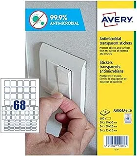 AVERY Antimicrobial Film Square Stickers - Self-Adhesive Clear Film, 68 Per A4 Sheet, 10 Sheets Pack (AM00SA4-10)