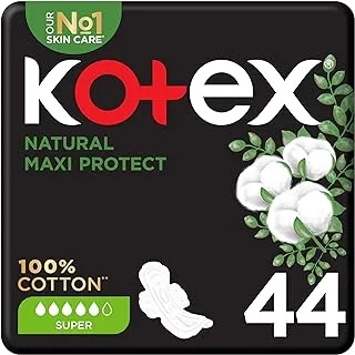 Kotex Natural Maxi Protect Thick Pads, 100% Cotton Pad, Super Size with Wings, 44 Sanitary Pads