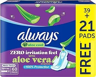 Always Aloe Cool Disposable Pads With Aloe Vera Essence For Light Days, For Zero Irritation Feel, Long Maxi Thick Pads With Wings, 60 Count