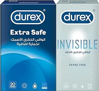 Durex Extra Safe Condom, Pack Of 20 + Durex Invisible Extra Thin Lubricated Condom, Pack Of 12