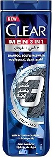 Clear Men Complete Care 3in1 Shampoo For Hair, Face & Body With Activated Charcoal for 100% dandruff free hair and moisturized skin, 400ml