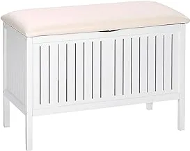 WENKO Oslo Bench, Wood, Household & Bathroom Laundry Storage, Comfortable Padded Seat, Decorative Space Saving Bedroom Chair, 78x55x39cm, White