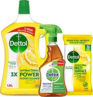 Dettol Original Anti-Bacterial Surface Disinfectant Liquid Trigger 500ml + Dettol Lemon Antibacterial Power Floor Cleaner 1.8L + Dettol Lemon Antibacterial Multi Surface Cleaning Wipes, Pack Of 36