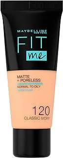 Maybelline New York Liquid Foundation, Matte & Poreless, Full Coverage and Blendable, Normal to Oily Skin, Fit Me, 120 Classic Ivory