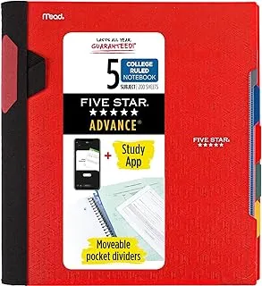 FIVE STAR Advance Spiral Notebook Plus Study App, 5 Subject, College Ruled Paper, 27.9 cm x 21.6 cm, 200 Sheets, With Spiral Guard and Movable Dividers, Fire Red, 1 Count (73146)