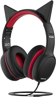 Promate Kids Headphones, On-Ear Foldable Wired Headset with Safe Volume Limited to 85dB, 3.5mm AUX Share-Port, 1.2m Tangle-Free AUX Cord, Detachable Cat Ears and Soft Earmuffs, Simba Onyx