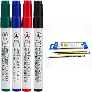 Faber Castell Whiteboard Marker Bullet Set Of 4 Pc + Duster، Assorted 1587D & Classic Hexagonal Graphite Pencil Hb with Rubber Tip، Box of 12، Black