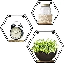 Greenco Geometric Hexagon Shaped Floating Shelves, Honeycomb Shelves, Home Decor, Metal Wire and Rustic Wood Wall Storage Shelves for Bedroom, Living Room, Bathroom, Kitchen and Office – Set of 3