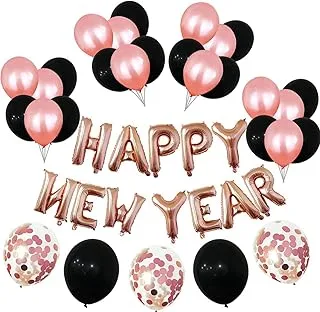 PARTY TIME - 41 Pcs. Happy New Year Rose Gold Foil Balloon Sets for New Years Decorations - 16 Inch | New Years Eve Party Supplies | Black & Rose Gold Latex and Confetti Balloons 12 Inch