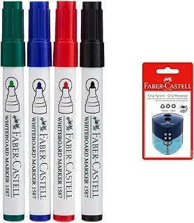 Faber-Castell Faber Castell Whiteboard Marker Bullet Set Of 4Pc + Duster, ASSORTED, 1587D & Faber-CastellGRIP SHARPENER TREND DOUBLE HOLE,Assorted